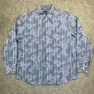 Tommy Bahama Shirt Mens XL Blue Silk Blend Floral Striped Long Sleeve Excellent